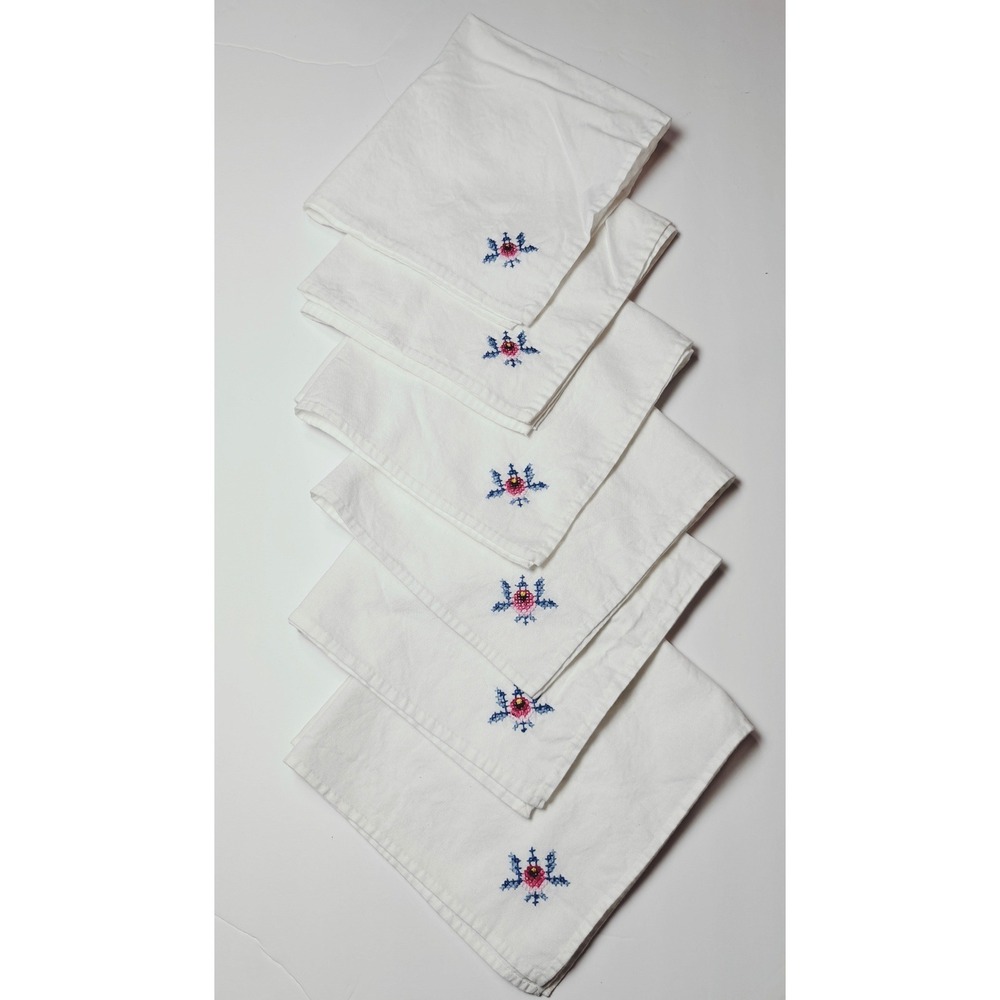 Vintage Set of 6 White Embroidered Floral Cloth Napkins Pink Blue Cross Stitch‎